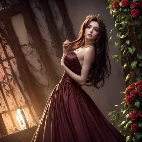 (a Young Queen，Dark red dress，Crimson gemstone necklace，A deep golden crown of thorns，Side view shooting:1.2)，(Eden, Delicate roses in the background，Sunlight greenhouse，Glass skylight，A patchwork of flower stands，Different varieties of greenhouse plants) ...