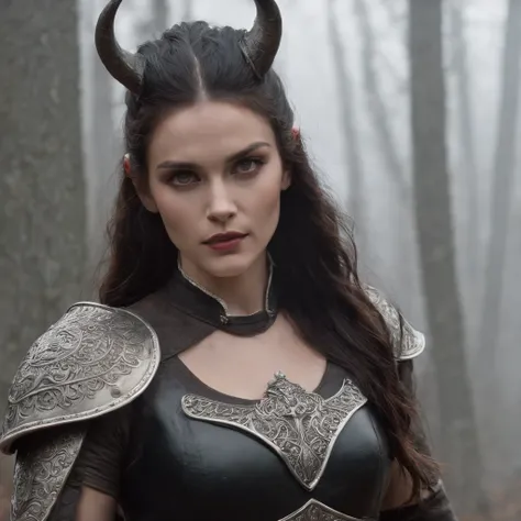 A dark female tieflin, Evil eyes, Wearing leather black armor, Dark silver, Pale and dark skin, Bright eyes, Young, pretty, Intricate horns, Black hair flowing, Long hair, sport, Muscular, Hot, Malicious eyes, epic angle, Dark background, fog atmosphere, B...