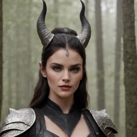 A dark female tieflin, Evil eyes, Wearing leather black armor, Dark silver, Pale and dark skin, Bright eyes, Young, pretty, Intricate horns, Black hair flowing, Long hair, sport, Muscular, Hot, Malicious eyes, epic angle, Dark background, fog atmosphere, B...