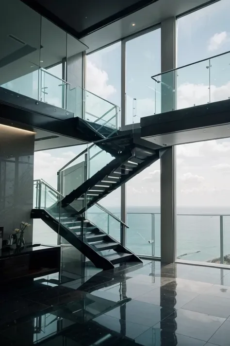 (best quality,4k,highres,ultra-detailed,realistic:1.37),glass pyramid house,staircase with intricate design spanning 3 floors,elevator with sleek metallic finish,luxurious interior and furnishings,cliffside location overlooking the majestic sea,abundance o...