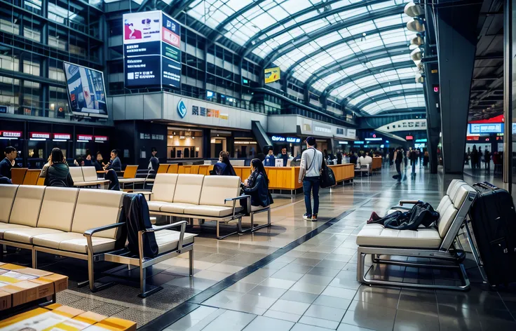 the image presents a bustling scene at noi bai international airport. navigating the picture from left to right - people are see...