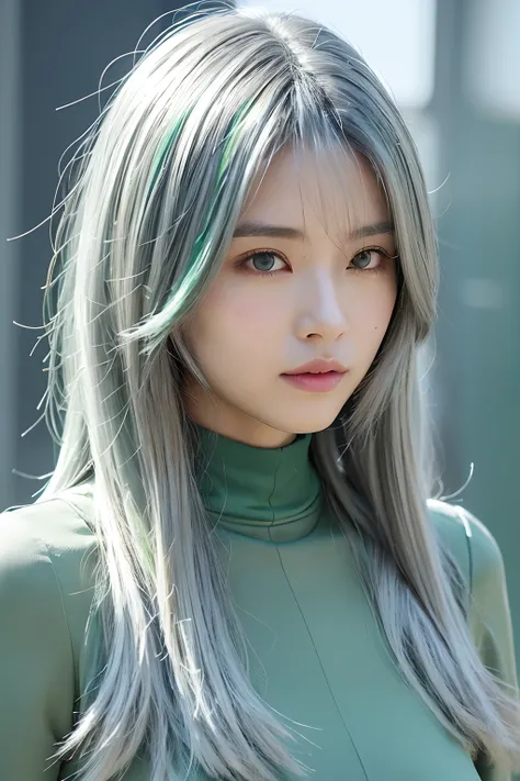 (extra detailed body、extra detailed face、best qualtiy:1.2)、femele、looking at the viewers、(Futuristic cities、Emerald green and ash gray hair color）Fashionable。