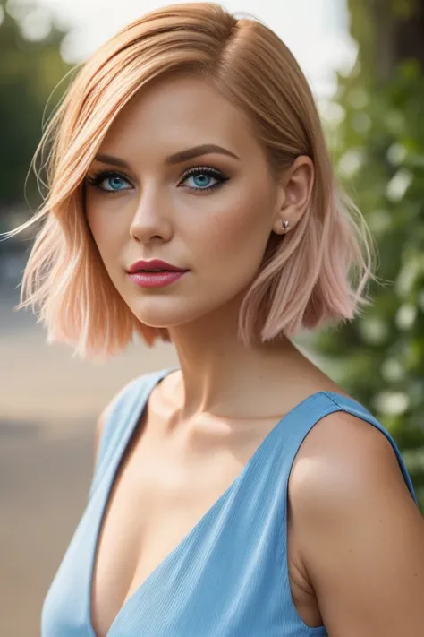 Petite 30 year old woman with light strawberryblonde hair in a straight undercut bob and striking blue eyes wearing eye liner, pink lips, in a blue summer dress, detailed face