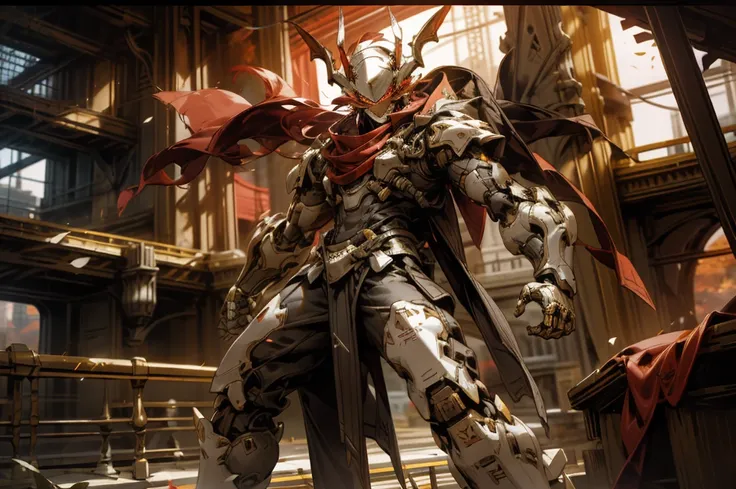 A beautiful game CG with Doomsday Theme A as the main body，hyper-detailing，This is a mech with a complex structure of light black and light white，Dragon horns grow on the top of the head，The mech held a red glowing wide and heavy armored sword in his hand，...