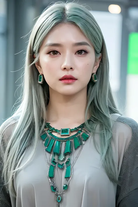 (extra detailed body、extra detailed face、best qualtiy:1.2)、femele、looking at the viewers、(Futuristic cities、Emerald green and ash gray hair color）Fashionable、Asymmetrical clothing、Fancy piercings、a necklace