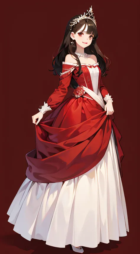 （Full body portrait）10-year-old beautiful woman in dress、smil、Dark hair、red lipsticks、Black eyes、Luxury accessories、Simple backgrounds、top-quality、masutepiece、2D