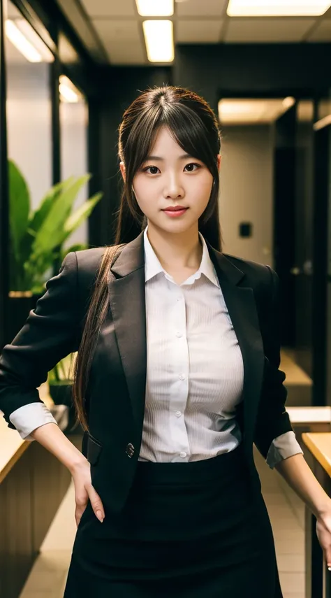 Best Quality, High Quality,Ultra Quality, 8k portrait , insanely detailed face,Japanese woman,20 years old,new employee ,enormous breasts ,side poneyTail, black Business womens suit skirt,cowboy shot,Office Corridor