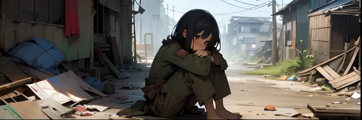 Slums、A young girl sits in despair、Tattered military uniform、poverty、doodle、Abandoned garbage