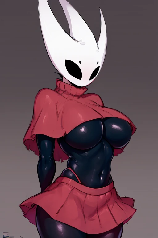 cowboy shot, hornet, 1girl, solo, mask, black skin, black bodysuit, black eyes, simple background, large breasts, black , capelet, turtleneck, arms behind back, red skirt, navel,