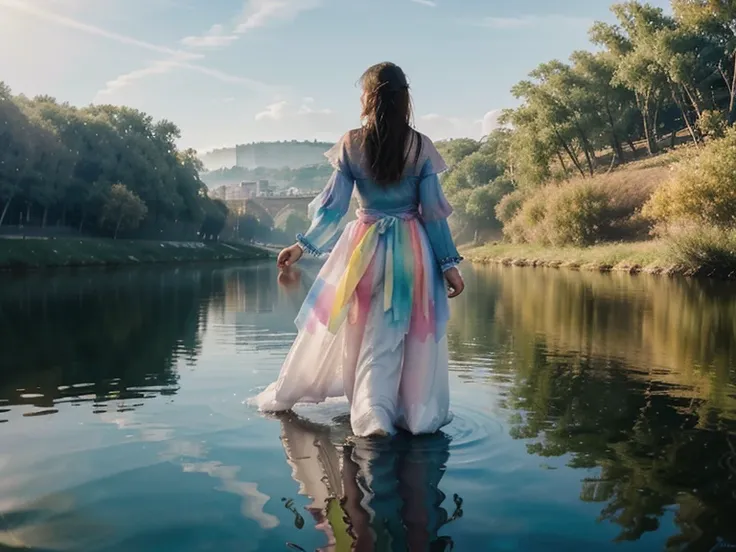 (watercolor style, spectral art) + majestic river overlooking the panorama + costume back (vista) + (flow + subtle reflection) + (blending + splashing) + (light and shadow clear + swaying dynamic)