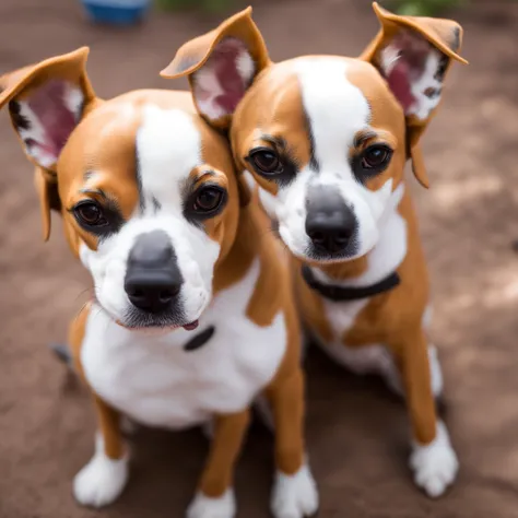 Cachorro pequeno no estilo pinscher, branco com marrom, orelhas altas, com bolinha rosa no estilo desenho da pixar