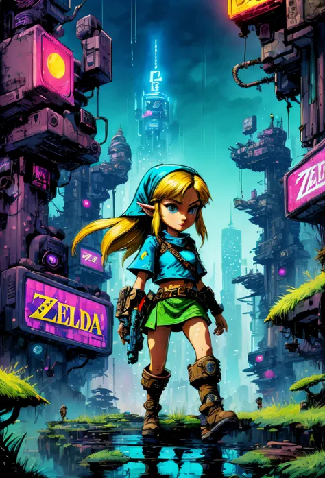 Zelda in cyberpunk landscape, Skottie Young style, playful, best quality, colored