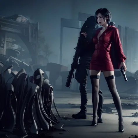 Ada wong, beautiful face, bob hair, perfect Face, wearing mini red rose dress hoody, black nail polish, glare expression, holding a gun