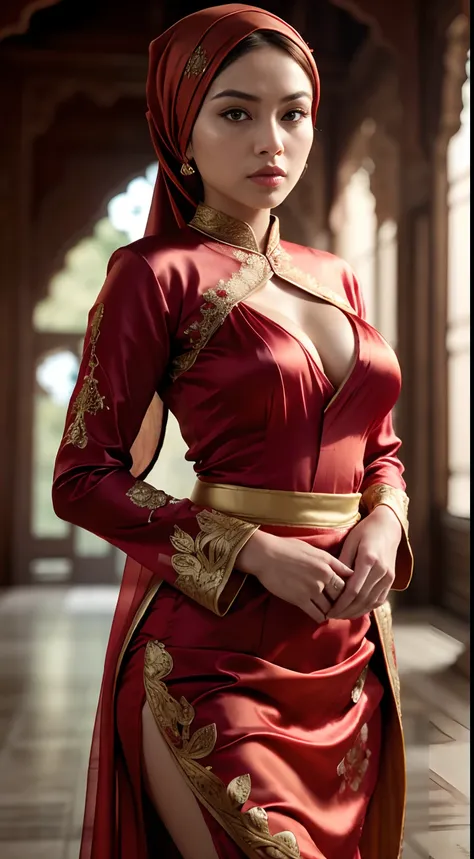 RAW, Best quality, high resolution, masterpiece: 1.3), beautiful Malay woman in hijab (iu:0.8),Photorealistic Production, (One Person), (Realistic Image of a  Female Model), (big breast:1.2) , (Pale Skin:1.4), (Wearing a Red Ornated Kebaya Dress with Silk ...