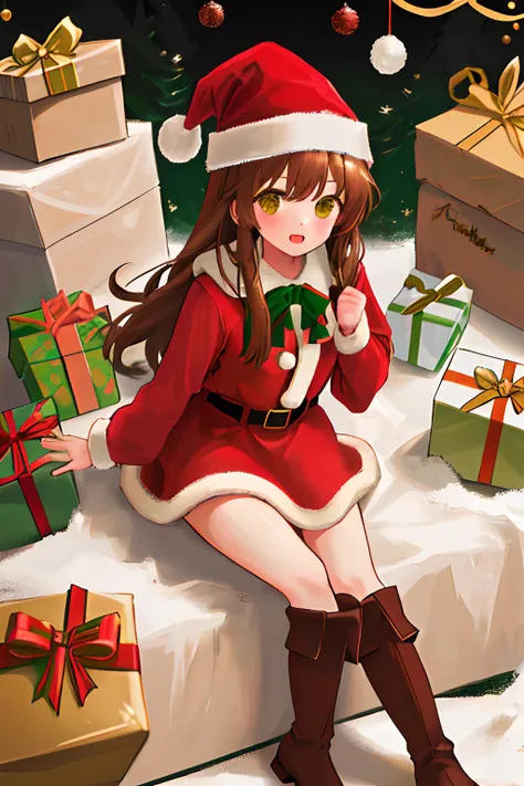 upper body, christmas, (christmas, 1 girl, cute,) santa's hat, santa's clothes, dress, long hair, long boots, brown long boots, ...