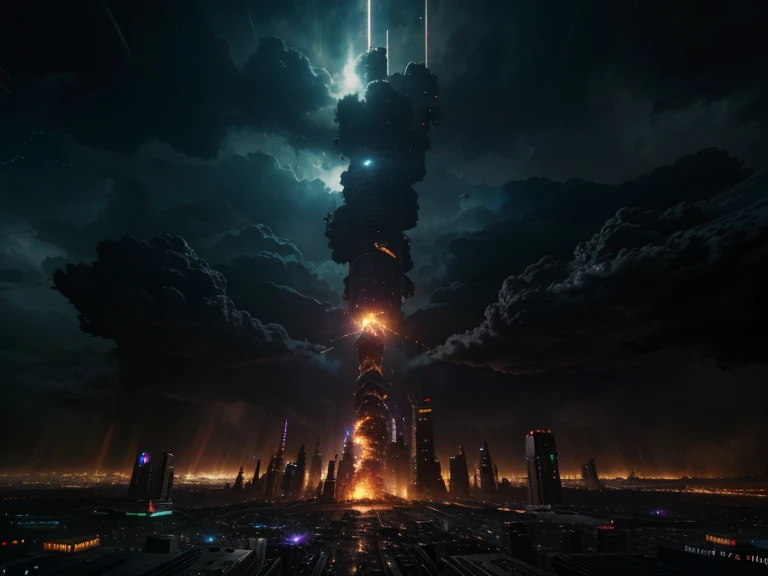 destroyed futuristic city, fantasy, sci-fi, dramatic, best quality masterpiece, photorealistic, detailed, 8k, HDR, shallow depth of field, cinematic lighting, bloom, light sparkles, chromatic aberration, in dark night, fire, dramatic color palette emphasiz...