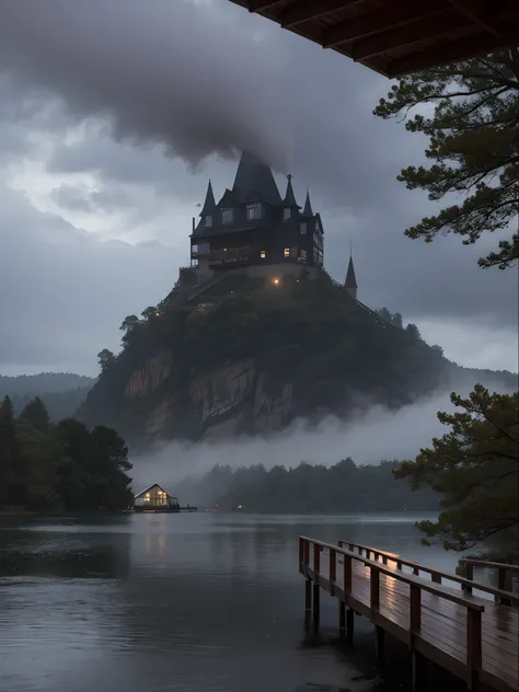 lake house in rain with fog with chimney in cloudy weather