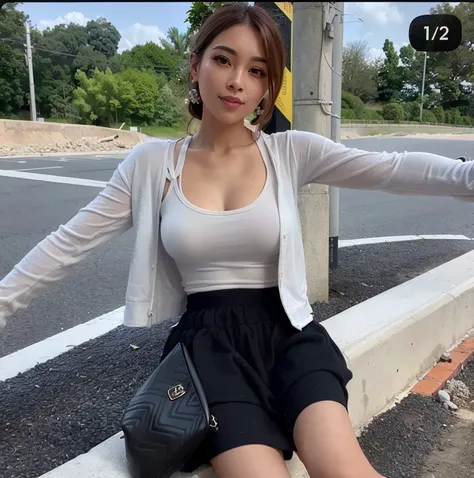 (Best Quality,4K,hight resolution,masutepiece:1.2),Ultra-detailed,(Realistic,Photorealistic,Photorealsitic:1.37),Outdoors,garden,Rustic,stone pavement,Gorgeous,Asian Woman,Open V-neck top,cropped shirt(Jacket included),Wavy Hair,2 4 years old female model,...