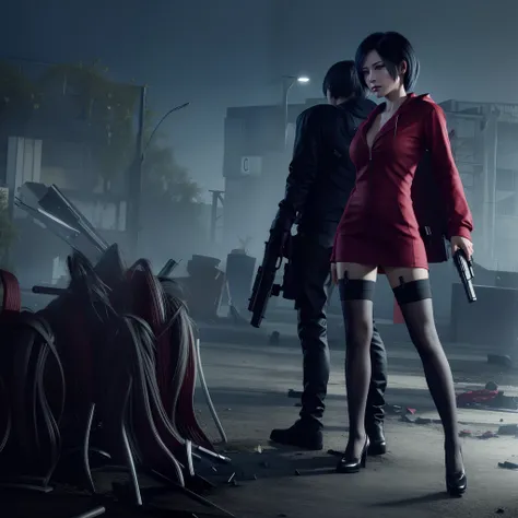 Ada wong, beautiful face, bob hair, perfect Face, wearing mini red rose dress hoody, black nail polish, glare expression, holding a gun