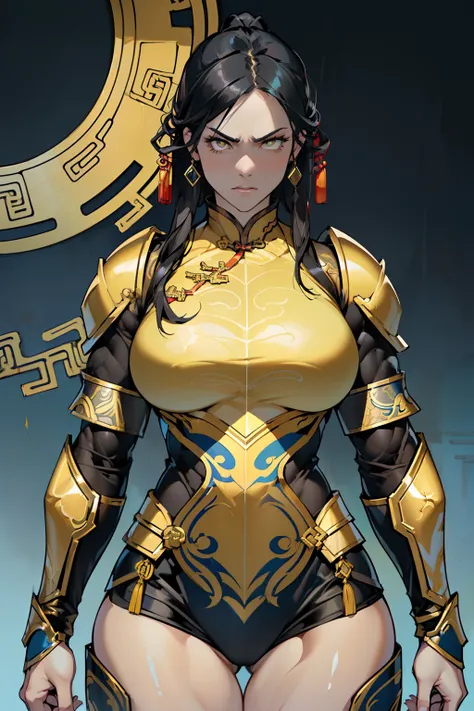 (High resolution, Pixels are perfect, luxurious illustration), (hyper quality, masutepiece, Ethereal: 1.4),(Solo:1.4), Black hair,  Yellow eyes, (angry), pale skin, (((((((muscular))))))), ((thick thighs)), Woman, ((((A MILF)))),  ((((chinese armor)))), ((...