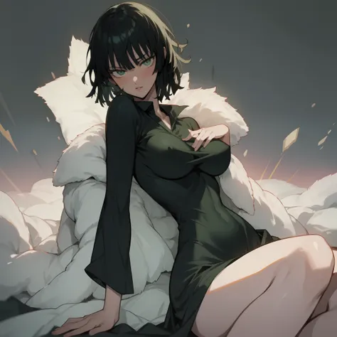 Anime art style, Fubuki from one punch man, green hair, white skin, wearing V-neck dress, sitting by spreading legs, sexual, cinematic lights, blushing cheeks, smilling, looking back at viewers, big breast, NSFW, beautiful scenery.