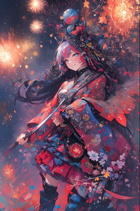 ((Fireworks display seen from space)),Fireworks are the main composition，Fireworks display beyond imagination，innocent smiles、eye glass、Never seen、Seven colors,(1girl in, Solo:1.6),(Cute smile),(Clothes are simple), (Best Impact:1.5), (maximalism:1.7), Viv...