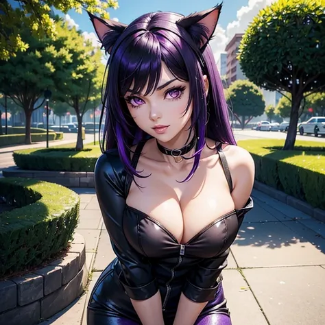 Only one woman , Theres an adult woman in a park, wearing casual clothes in shiny skin, cat ears,, Dark purple hair, black hair and purple streaks, cat ears on head, beautiful chest, Second life avatar, Beautiful screenshot, Second life,, full body view, F...