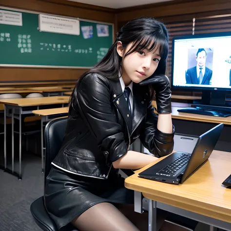 He wears black leather gloves on both hands、Black Leather Double Riders Jacket、Black leather tight skirt、Black leather long boots、Japan High School Girl、Sitting in a black leather chair、Study at a black laptop on your desk、High School Classroom、Other stude...