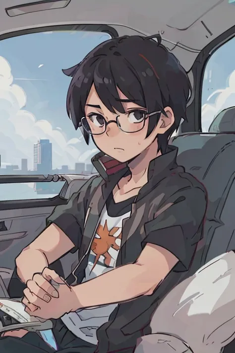 (Best Quality:0.8) perfect anime illustration, Boy in the drivers seat of a car、Wearing glasses、