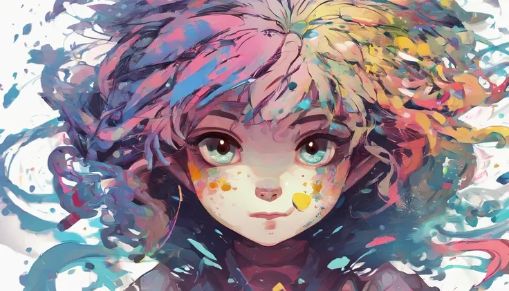 Splash Art, Black childs head with long curly hair, ((White background)), Piercing eyes, epic instagram, art  stations, splash style of colorful paint, contour lines, hyperdetailed intricately detailed , Unreal Engine, Fantastical, intricate detailes, Spla...