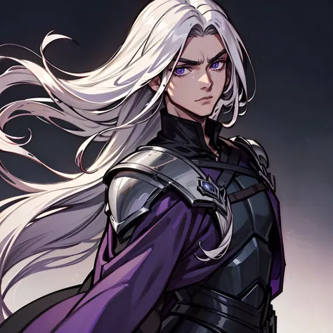 A man with long white hair, a scar on his eyebrow, and purple eyes, wearing black armor
Esperando começar