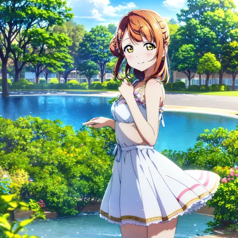 (best quality), (HD),high quality, best quality, masterpiece, ayumu uehara, 1girl, Anime-style color grading, bushiroad studio coloring style, yellow eyes, medium hair, walking in the park, quality time, blue sky, white blue dress, fountain, (hands behind)