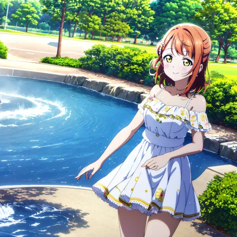 (best quality), (HD),high quality, best quality, masterpiece, ayumu uehara, 1girl, Anime-style color grading, bushiroad studio coloring style, yellow eyes, medium hair, walking in the park, quality time, blue sky, white blue dress, fountain, (hands behind)