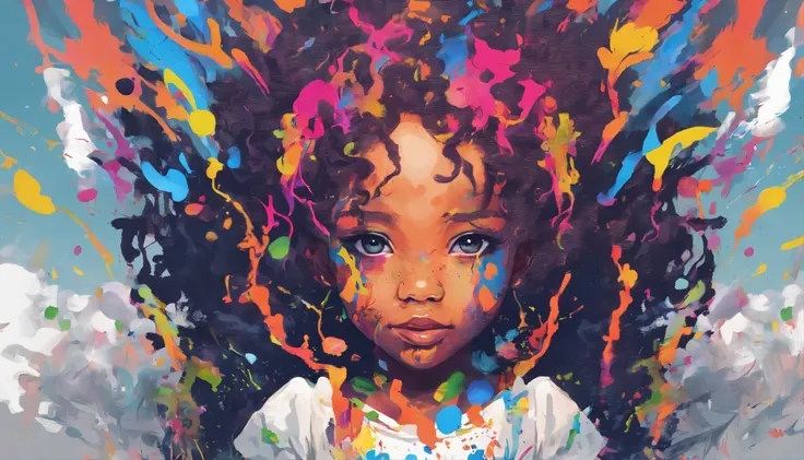 Splash Art, Black childs head with long curly hair, ((White background)), Piercing eyes, epic instagram, art  stations, splash style of colorful paint, contour lines, hyperdetailed intricately detailed , Unreal Engine, Fantastical, intricate detailes, Spla...