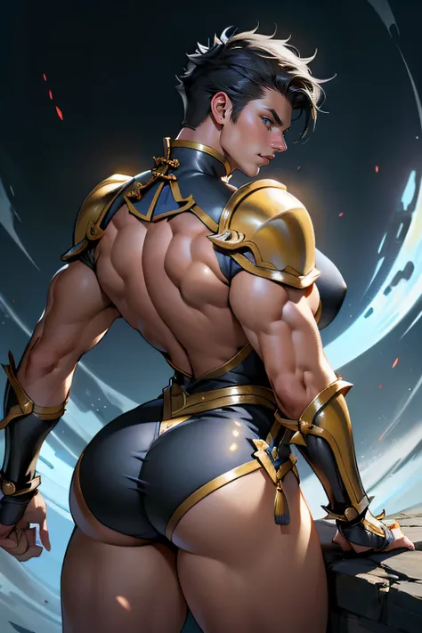 (High resolution, Pixels are perfect, luxurious illustration), (hyper quality, masutepiece, Ethereal: 1.4),(Solo:1.4), Black hair, Very short hair, ((spiked hair)),  Yellow eyes, (angry), pale skin, (((((((muscular))))))), ((thick thighs)), ((Huge breasts)...