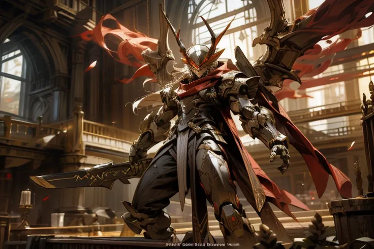 A beautiful game CG based on Doomsday Theme A，Hyper-detailing，This is a mech with a complex structure of light black and light white，Strong body，musculature，Dragon horns grow on top of the head，The mech held a red glowing wide and heavy armored sword in hi...