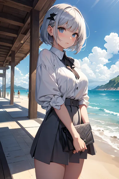 ​masterpiece、Massive landscape（（Mysterious Sea、sand beach））、a beauty girl、huge tit、Silver Hair Short Hair、blouse、a miniskirt、hair adornments