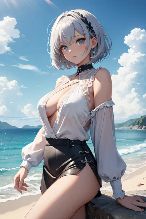 ​masterpiece、Massive landscape（（Mysterious Sea、sand beach））、a beauty girl、huge tit、Silver Hair Short Hair、blouse、a miniskirt、hair adornments