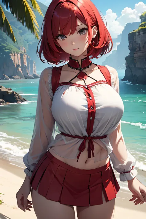 ​masterpiece、Massive landscape（（Mysterious Sea、sand beach））、a beauty girl、huge tit、Red Hair Short Hair、Blouse with high detail、a miniskirt、hair adornments