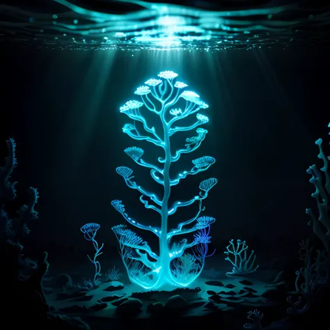 Illuminating under world of sea, bioluminescent seaweeds, bioluminescent transparent sea creatures