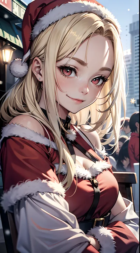 18 year old girl, Wearing Santa costumes、Blonde ponytail、Ahoge、big round red eyes、A slight smil、Laugh、small tits、Realistic painting in every detail, Christmas Outdoors、delicate detail、facial close-up