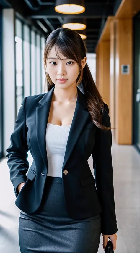 Best Quality, High Quality,Ultra Quality, 8k portrait , insanely detailed face,Japanese woman,20 years old,new employee ,enormous breasts ,side poneyTail, black Business womens suit skirt,cowboy shot,Office Corridor