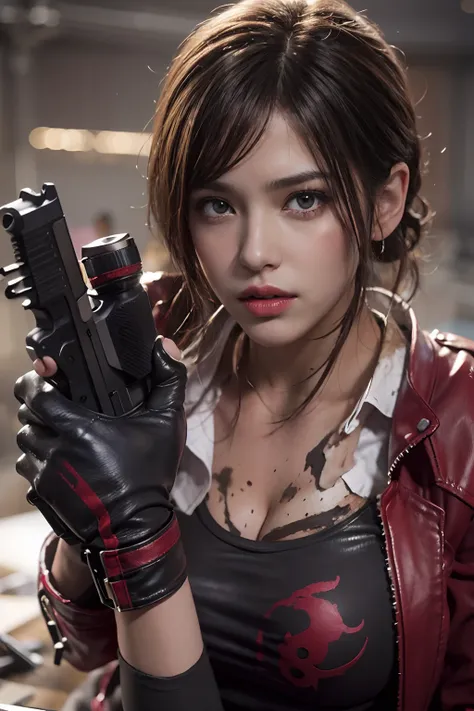 Resident evil, Beautiful Claire Redfield, Recreate the gun in detail、Elaborate face、Best Beauties、Standing with long legs open、beauty legs、Red tight pants、Black leather jacket、Holding a handgun、Lively shots、White T-shirt stained with sweat and mud、Tight-fi...