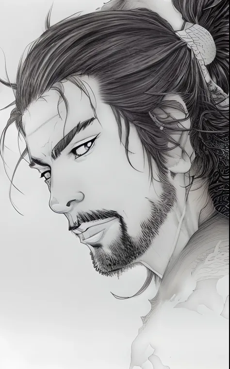 a close up of a man with a ponytail and a beard, takehiko inoue, handsome guy in demon slayer art, masamune, masamune shiro, seinen manga portrait, manga style of kentaro miura, shikanosuke yagaki, by amano, miyamoto musashi, anime portrait of a handsome m...