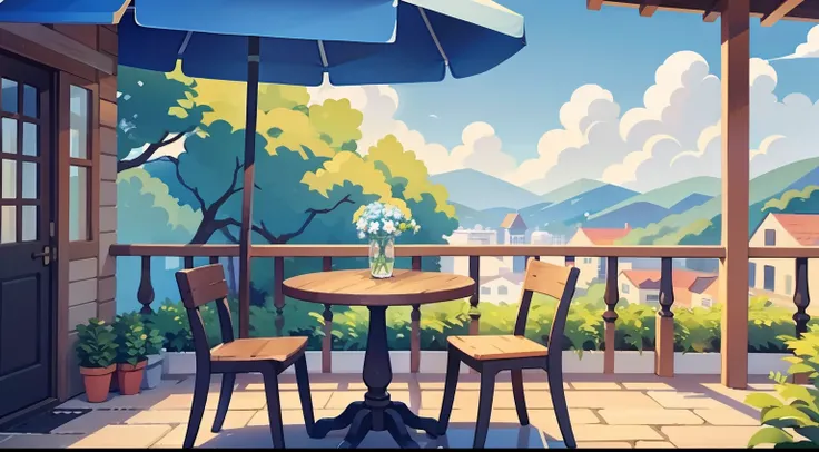 Beautiful landscape painting、Cafe terrace seating、blue-sky、ultra-quality、masutepiece、Natural Color、Brown dog on a chair、Black dog