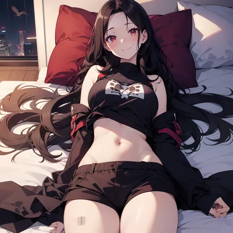 (masutepiece,Best Quality,8K),(extremely detailed CG1.1),teens girl,Smile,large boob,(From below:1.2),Intricate details , Hyper realistic, Perfect Anatomy,A dark-haired,Red Eyes,(((Forehead))),Permed hair with wavy hair,(((length hair))),Hair over one eye,...