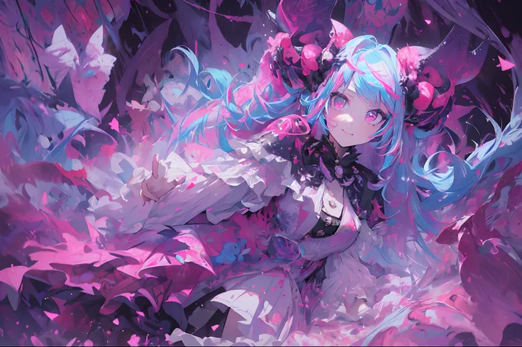 ((Flower dress),((demonic horns))，Ghost people，innocent smiles，(1 girl, Solo:1.6),(Cute smile),(Clothes are simple), (Best Impact:1.5), (maximalism:1.7), Vivid contrast, (Realistic), hyperrealistic illustrations, hight resolution, ultra-detailliert, absurd...