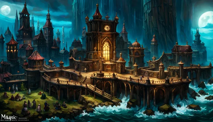 (by Greg Rutkowski: 1.2), (masterpiece), ((best quality)), extremely delicate and beautiful, illustration, Guild Wars, (fantasy landscape), A mesmerizing fantasy landscape with enchanting elements blending seamlessly. ((majestic underwater city, ocean, fin...