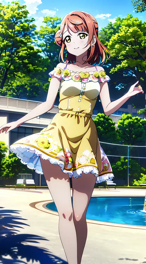 (best quality), (HD),high quality, best quality, masterpiece, ayumu uehara, 1girl, Anime-style color grading, bushiroad studio coloring style, yellow eyes, medium hair, (walking in the park), quality time, blue sky, gold dress, (fountain)