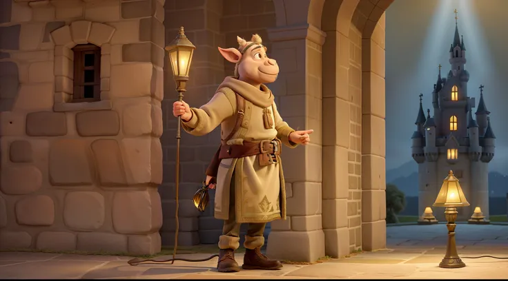 A wise of donkey man standing in front, illuminated by the light of a lamp, against the backdrop of castle.  wise of donkey standing in front, illuminated by the light of a lamp, against the backdrop of castle